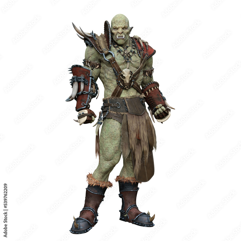 Orc in battle armour with menacing stare. Fantasy warrior 3d illustration isolated.