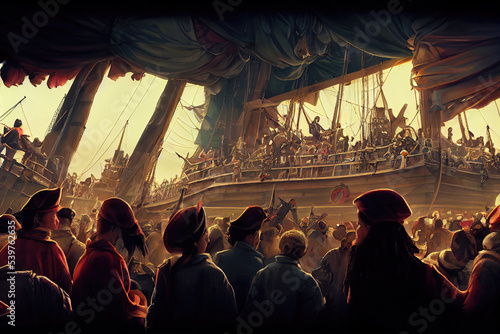 Fototapeta Digital concept art illustration featuring silhouettes of pirates stood on the dock waiting to board pirate ship