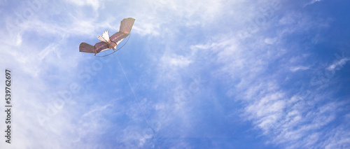 A large kite in the form of a bird on a long rope flies against the background of white clouds. Blue sky with clouds and a flying children's kite. Outdoor games. Catch the wind flow. Launching a kite 