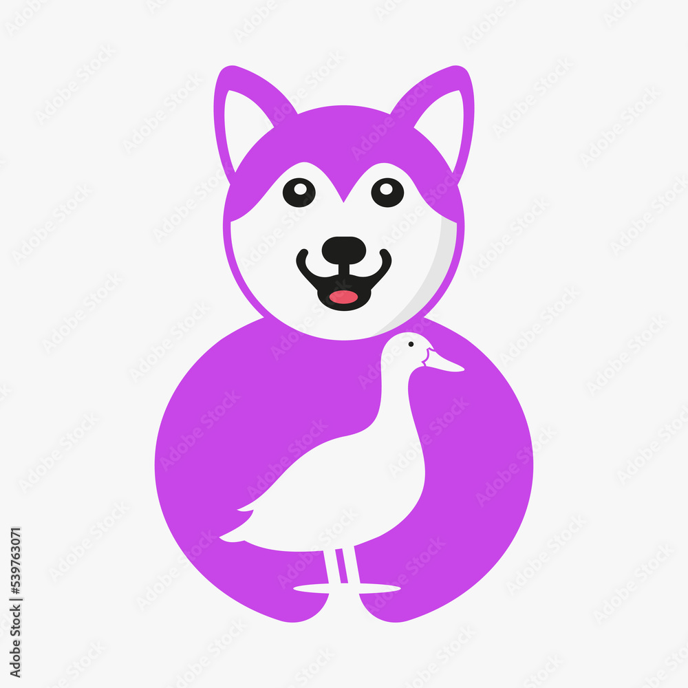 Husky Duck Logo Negative Space Concept Vector Template. Husky Holding Duck Symbol Husky Duck Logo Negative Space Concept Vector Template. Husky Holding Duck Symbol