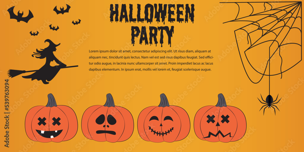Happy Halloween poster or party invitation background with clouds, bats and pumpkins in paper cut style. Vector illustration. Witch flying with her broom in the sky, spider web. place for text Happy Halloween poster or party invitation background with clouds, bats and pumpkins in paper cut style. Vector illustration. Witch flying with her broom in the sky, spider web. place for text