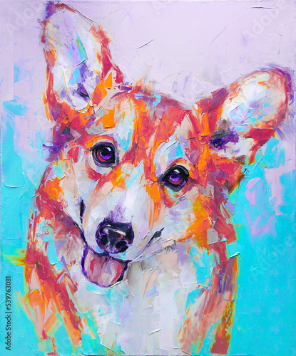 Oil dogs portrait painting in multicolored tones. Conceptual abstract painting of a welsh corgi pembroke muzzle.