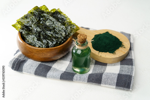 Algae seaweed oil, sustainable concept. Healthy ingredient, selective focus photo