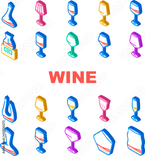 glass wine red wineglass drink icons set vector. alcohol, merlot, bar cup, cabernet bottle, transparent, liquid party, restaurant glass wine red wineglass drink isometric sign illustrations
