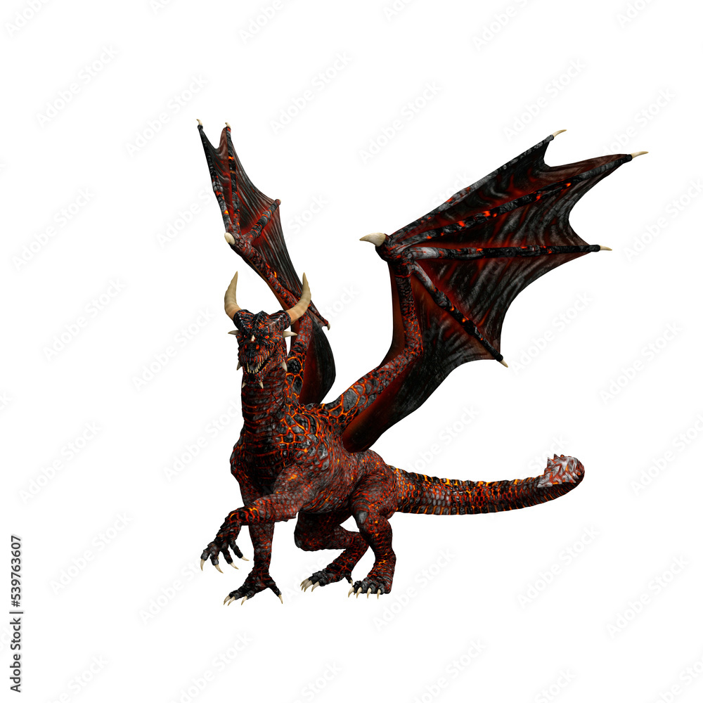 3D rendering of a mythical red skinned dragon walking with wings raised isolated on a transparent background. 3D rendering of a mythical red skinned dragon walking with wings raised isolated on a transparent background.