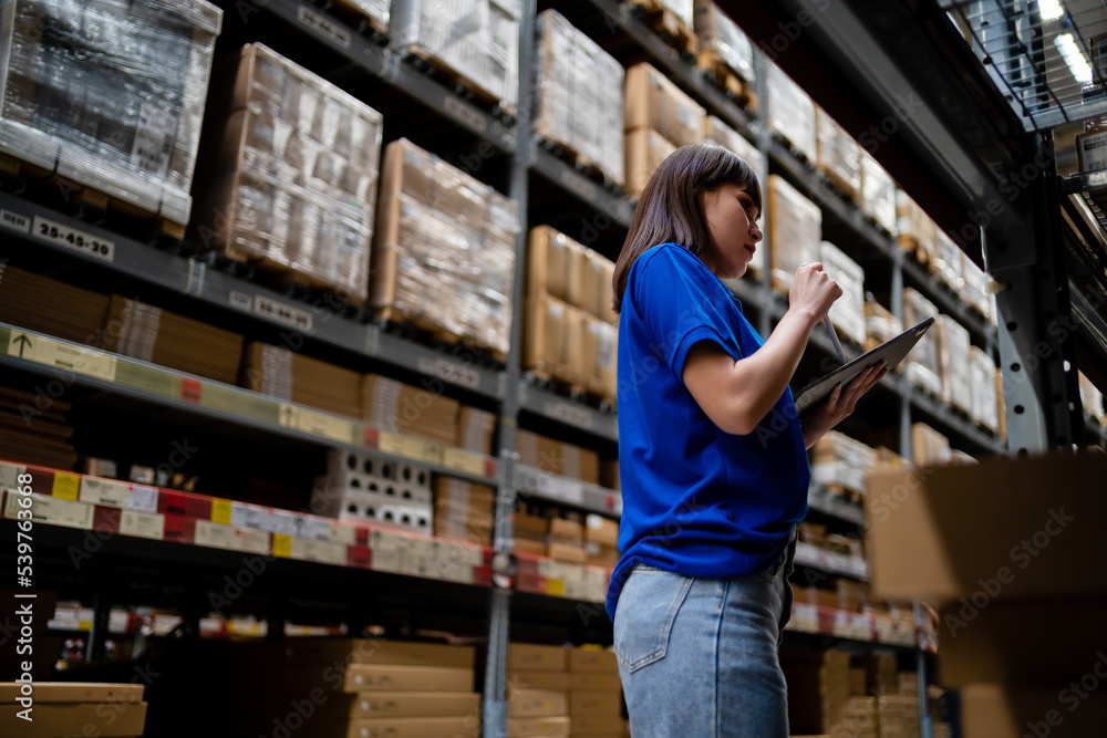 A back view of a female worker inspecting items on a shelf in a warehouse. Logistics, business, export, import, logistics. Workers work in warehouses.
