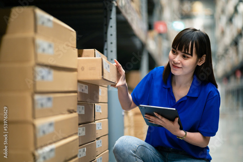 Portrait of a female worker manager standing to inspect goods. in warehousing, logistics and exporting business. logistics business planning ideas export import logistics