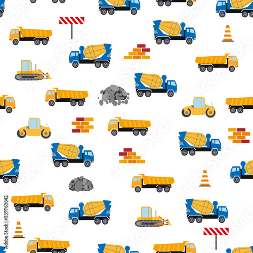 Cute childish seamless pattern with yellow car dump truck, crane, concrete mixer. Construction site illustration in cartoon style