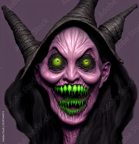 Portrait of a creepy ugly witch. Scary monster. Halloween concept. Digital illustration.