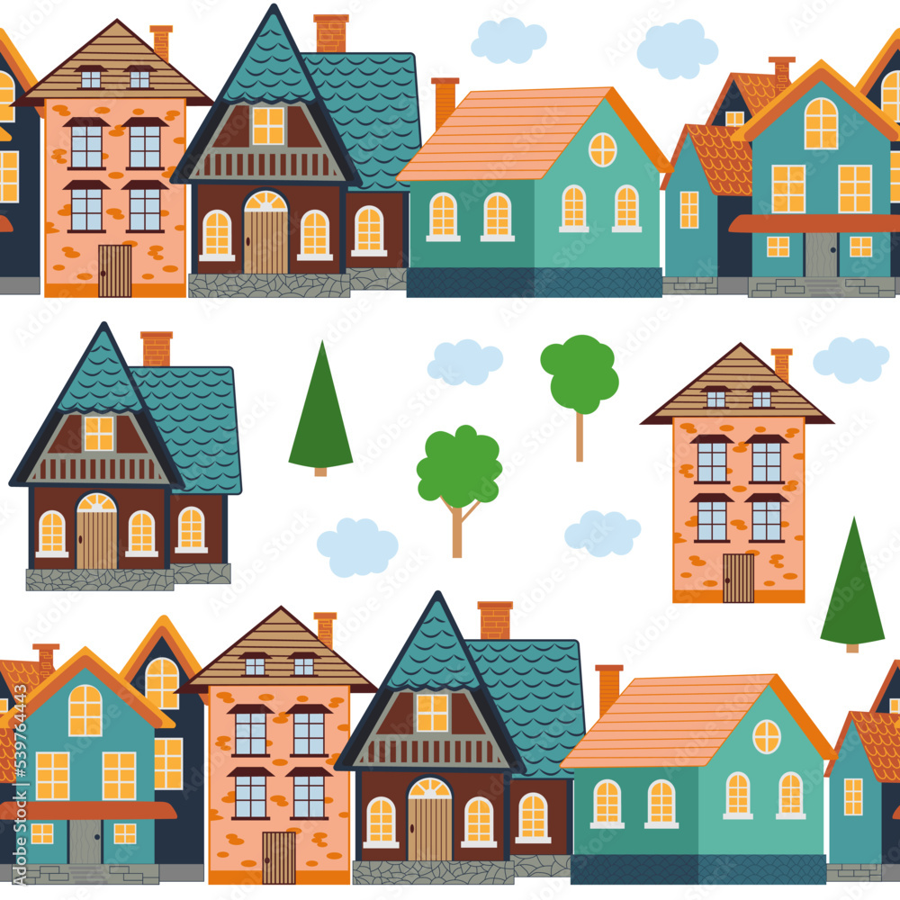 Street with cute houses seamless pattern. Village or city, neat cozy home