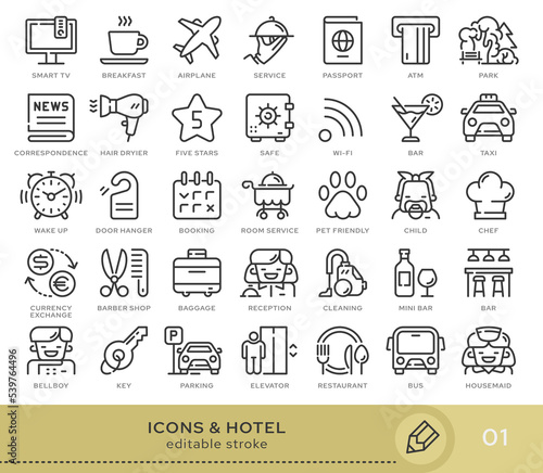 Set of conceptual icons. Vector icons in flat linear style for web sites, applications and other graphic resources. Set from the series - Hotel. Editable stroke icon.