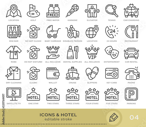 Set of conceptual icons. Vector icons in flat linear style for web sites, applications and other graphic resources. Set from the series - Hotel. Editable stroke icon.