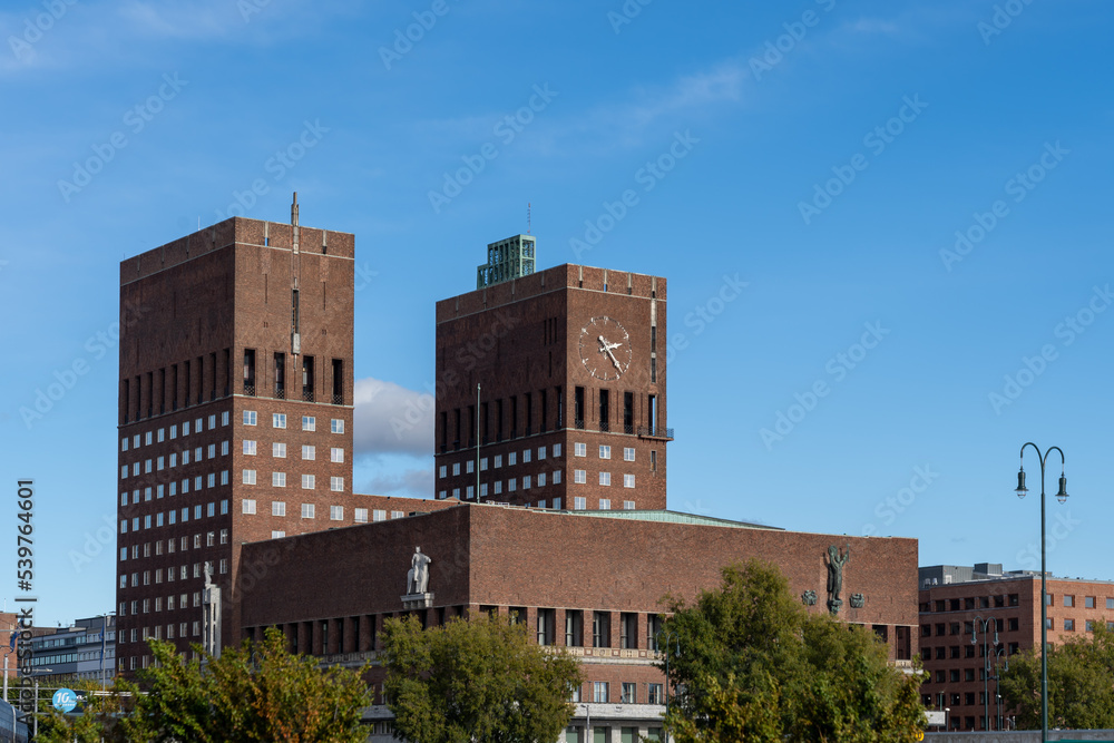 Oslo, Norway - October 15, 2022: Oslo City Hall is shown in Oslo, Norway. Oslo City Hall is a municipal building houses the city council, the city's administration and other municipal organizations.