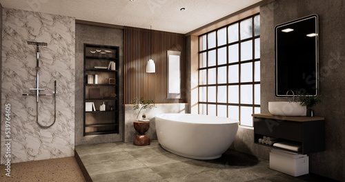 The Bath and toilet on bathroom japanese wabi sabi style .3D rendering