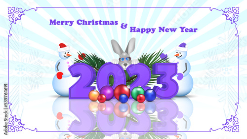 Merry Christmas and Happy New Year 2023. 3d cartoon festive vector poster. Colored glass toys balls, large purple numbers, the symbol of the year a eared gray hare or rabbit, fir and two funny snowmen