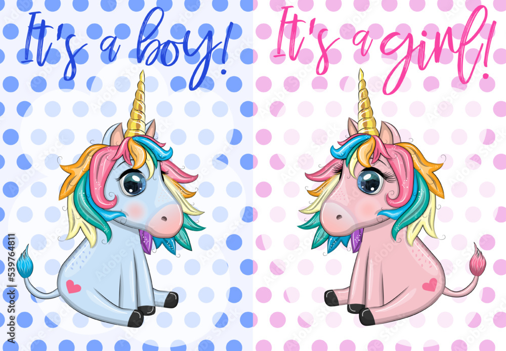 Boy and girl. Pink and blue unicorn. Children's invitation card. Holiday newborn, pregnancy. Boy and girl. Pink and blue unicorn. Children's invitation card. Holiday newborn, pregnancy.