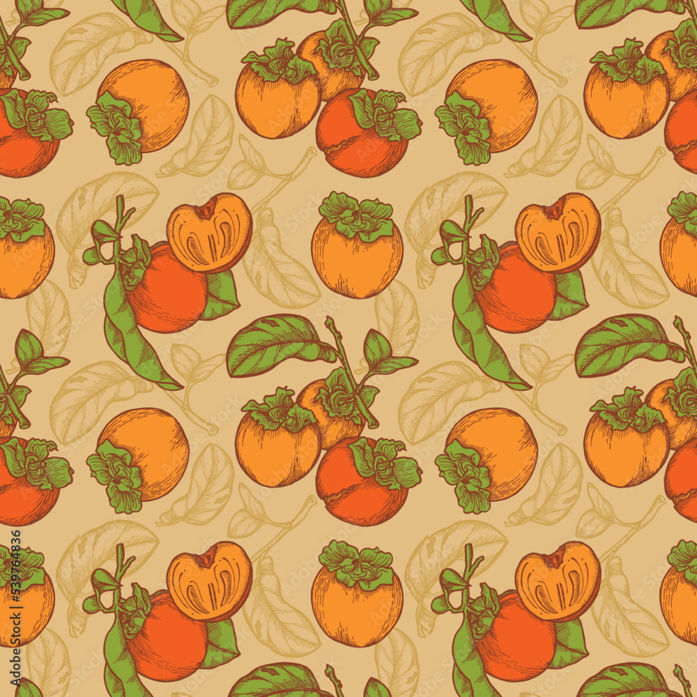Pattern disegnato a mano di cachi autunnali con foglie Pattern disegnato a mano di cachi autunnali con foglie