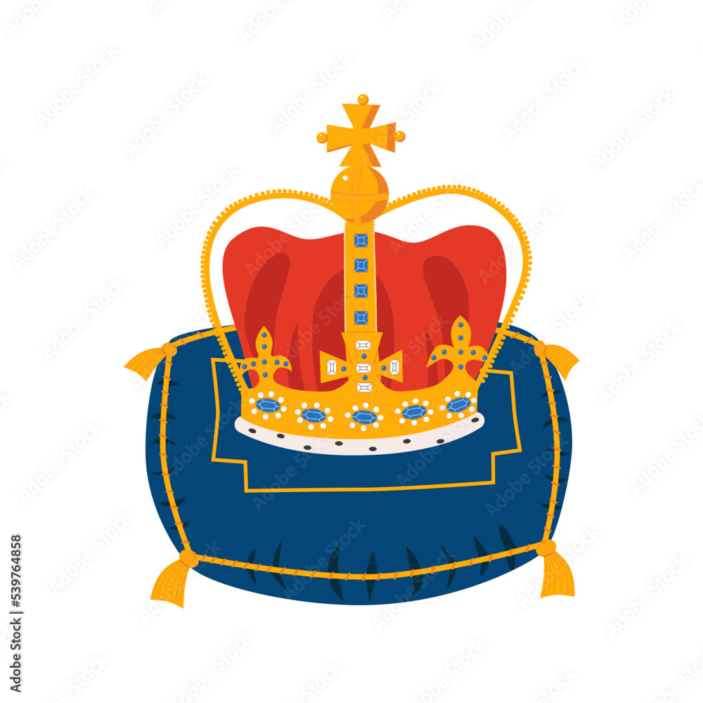 Crown on the ceremonial pillow cartoon vector illustration. Royal gold