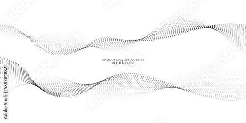 Flowing dots particles wave pattern halftone black gradient curve shape isolated on white background. Vector in concept of technology, science, music, modern.