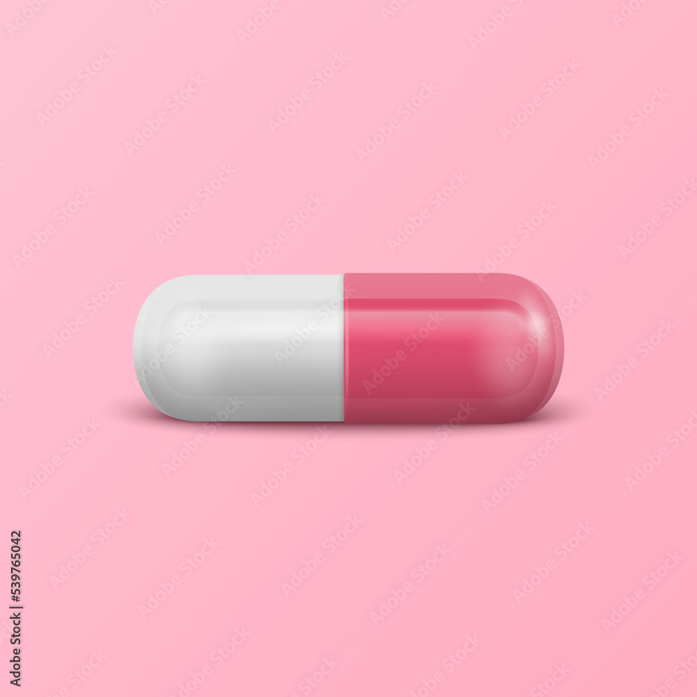 Vector 3d Realistic Pink and White Pharmaceutical Medical Pill, Capsule, Tablet on Pink Background. Front View. Copy Space. Medicine, Women's Health Concept Vector 3d Realistic Pink and White Pharmaceutical Medical Pill, Capsule, Tablet on Pink Background. Front View. Copy Space. Medicine, Women's Health Concept