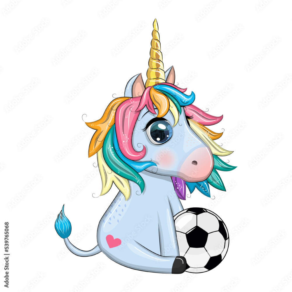 Cute cartoon unicorn with soccer ball, summer, kids games, club Stock