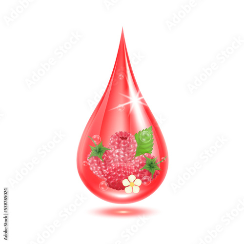 Raspberry inside water droplets red shining with oxygen bubbles isolated on white background. Serum vitamin collagen used for products skincare cosmetic. Realistic 3d vector EPS10.