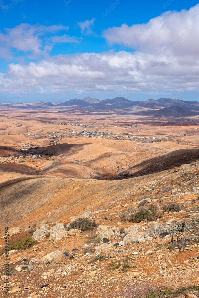 Spectacular views of the desert landscape and the towns of the volcanic island of Fuerteventura, Canary Islands. Spain
