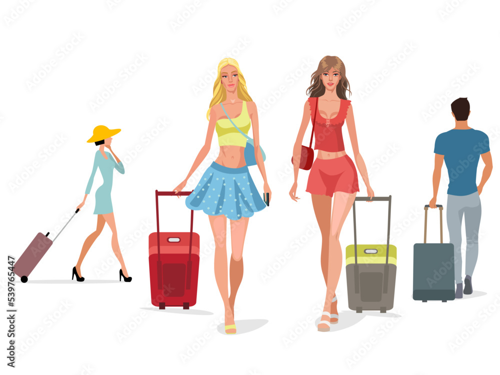Beautiful two women and other people traveling with carry on luggage vector illustration & clip art travel tourism