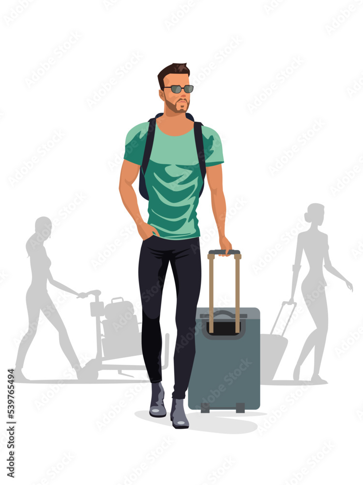 Handsome man walking with carry on luggage vector illustration and other people silhouettes on background Handsome man walking with carry on luggage vector illustration and other people silhouettes on background