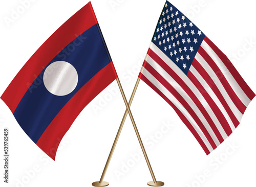 Laos,US flag together.American,Laos waving flag together
