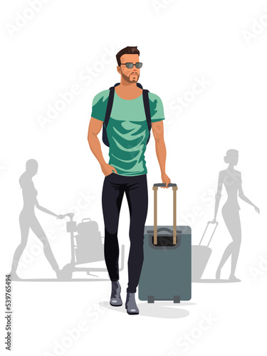 Handsome man walking with carry on luggage vector illustration and other people silhouettes on background