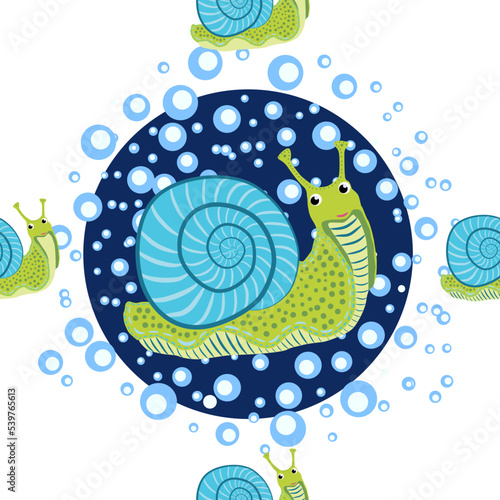 Snail, sea inhabitants seamless pattern, beautiful character among seashells, seaweed, starfish, sea animals of wildlife