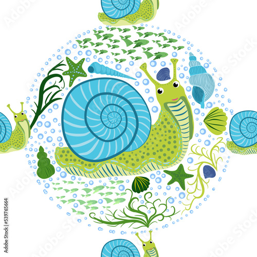 Snail, sea inhabitants seamless pattern, beautiful character among seashells, seaweed, starfish, sea animals of wildlife