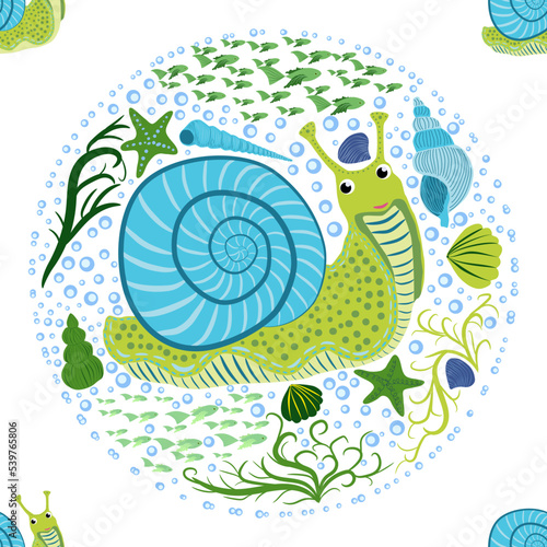 Snail, sea inhabitants seamless pattern, beautiful character among seashells, seaweed, starfish, sea animals of wildlife