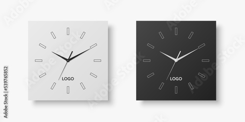 Vector 3d Realistic White, Black Square Wall Office Clock Set, Design Template Isolated on White. Dial with Roman Numerals. Mock-up of Wall Clock for Branding and Advertise Isolated. Clock Face Design