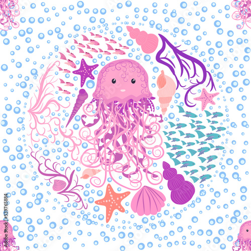 Seamless pattern with detailed transparent jellyfish. Childish seamless pattern with cute hand drawn fishes and jellyfishes in doodle style. Trendy nursery background