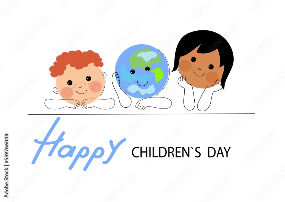 Social media horizontal banner template for World children's day. Funny planet character with happy baby boy , asian baby girl. Vector flat cartoon doodle banner. Social media horizontal banner template for World children's day. Funny planet character with happy baby boy , asian baby girl. Vector flat cartoon doodle banner.