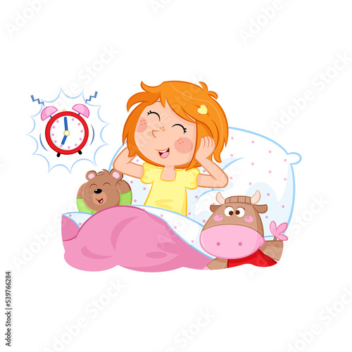 Wake up little girl - Daily routine - Good morning - Lovelly little girl and her toys - Illustration - png file  