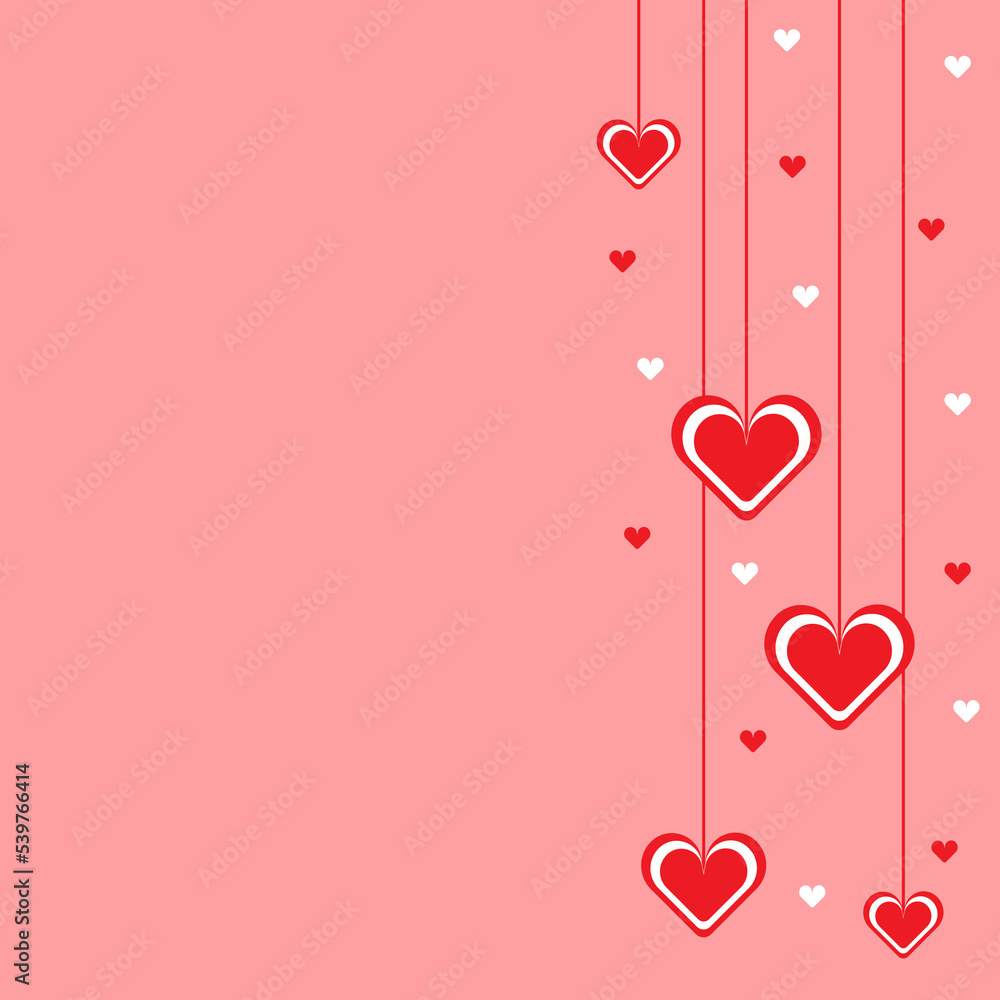 Red decorative hanging hearts on orange background with copy space. Happy Valentine's Day celebration