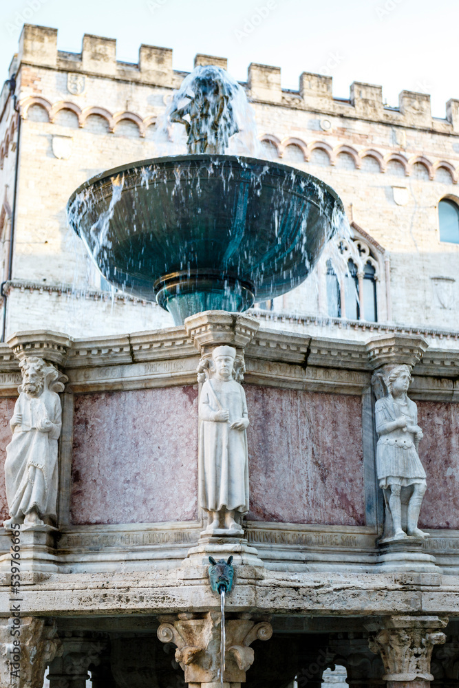 The Fontana Maggiore, a masterpiece of medieval sculpture, placed in the centre of Piazza IV Novembre, is the monument symbol of the city of Perugia, Umbria, Italy, Europe