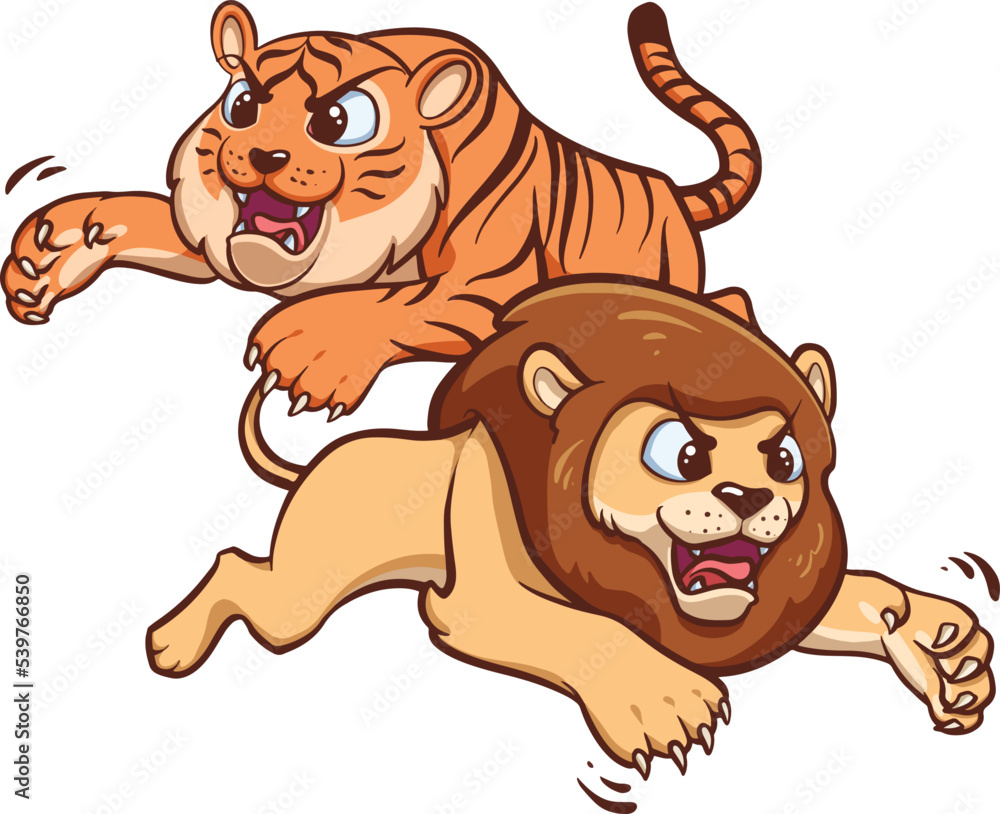 tiger and lion cartoon illustration design playing together tiger and lion cartoon illustration design playing together