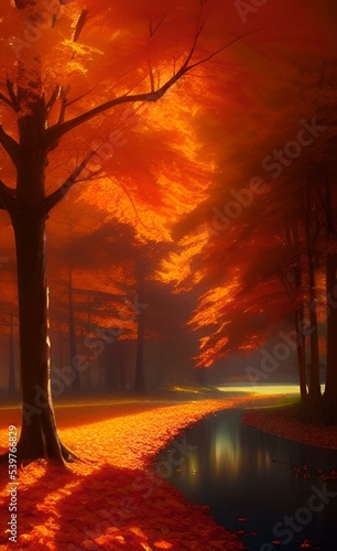 Stylized drawing of an autumn forest. Autumn mood. 
