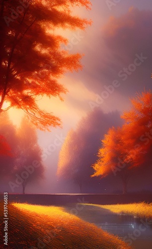 Stylized drawing of an autumn forest. Autumn mood.  © Nereida