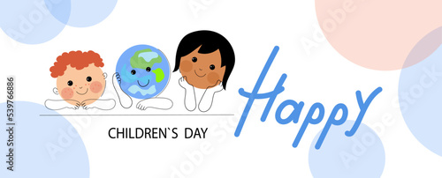 Social media horizontal banner template for World children's day. Funny planet character with happy baby boy , asian baby girl. Vector flat cartoon doodle banner. 