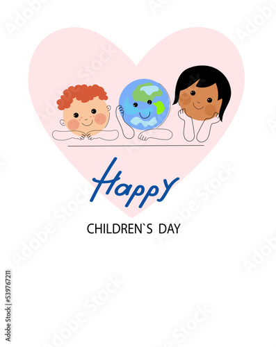Social media horizontal banner template for World children s day. Funny planet character with happy baby boy   asian baby girl. Vector flat cartoon doodle banner.