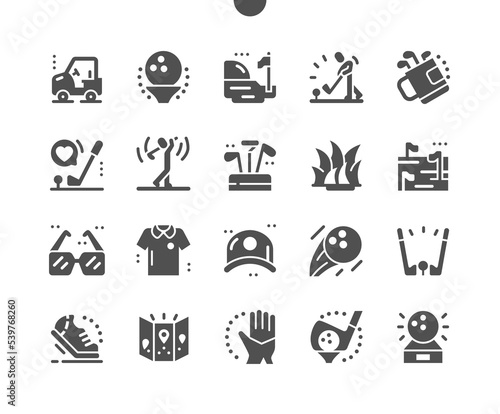 Golf. Sport game. Golf championship, professional clothes for playing. Entertainment activity. Vector Solid Icons. Simple Pictogram