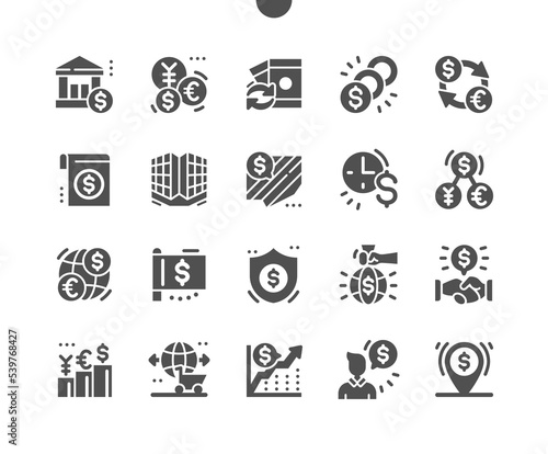 International Monetary Fund. Bank. Currency exchange. Financial deal. World currency. Vector Solid Icons. Simple Pictogram