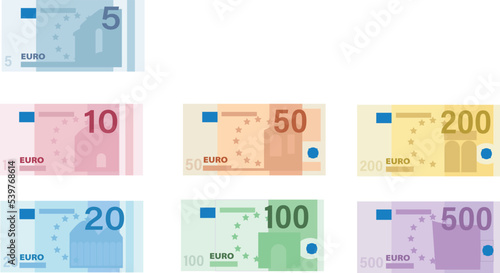 All euro banknotes  5, 10, 20, 50, 100, 200 and 500, euros bills.
Euro currency banknotes. Big stack of money. Simple, flat style. Graphic vector illustration. European paper money backdrop with. photo