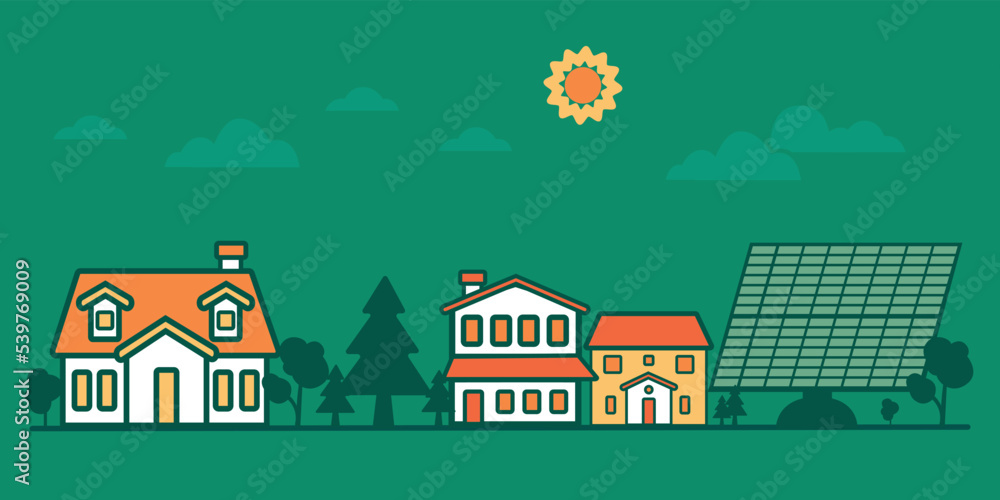 View of solar energy village. Landscape with wind solar generating electricity on green clean energy production. Scenic landscape of modern village. Colored vector illustration of rural scenery