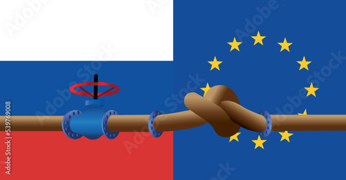 European energy crisis after Russia's invasion of Ukraine. Russia world's largest exporters of natural gas. Europe gas, valve on the main gas pipeline EU, Pipeline with flags Europe, Pipes of gas from